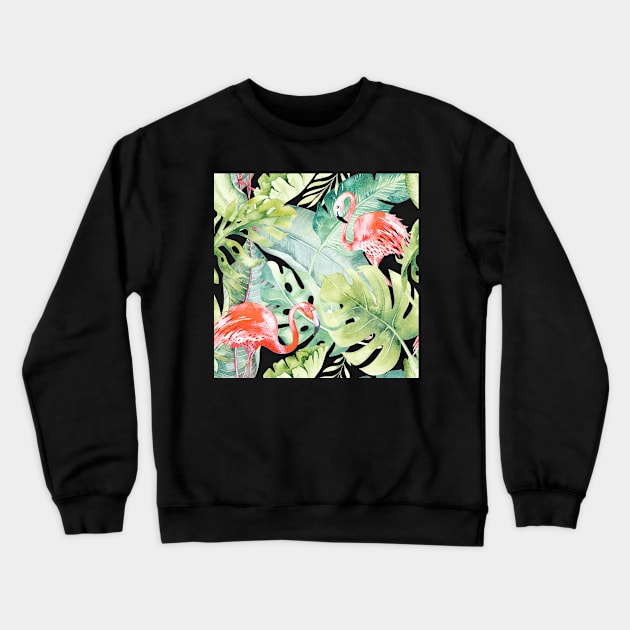 Pink Flamingos Sage Green Tropical Foliage Crewneck Sweatshirt by PixDezines